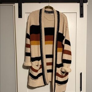 Striped Cream and Black Women's Sweater Small